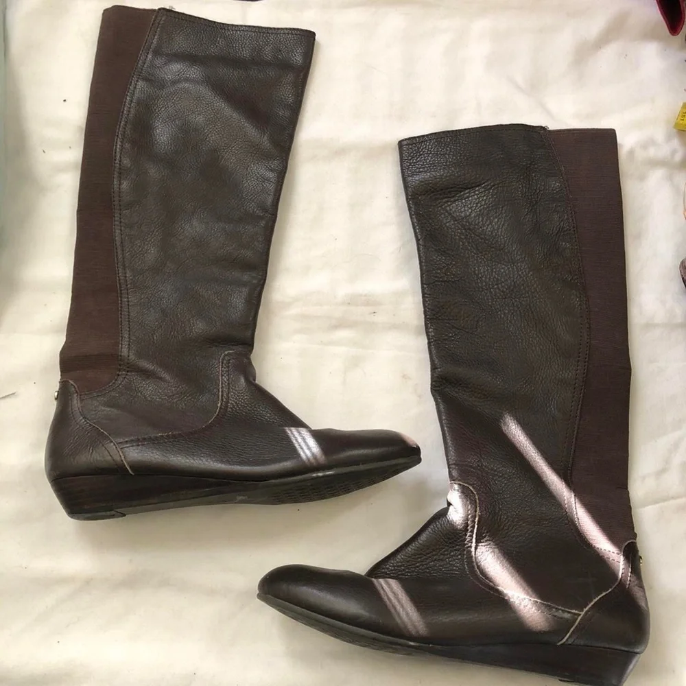 Antonio Melani Brown leather riding knee-high boots heels wedges Y2K Grunge